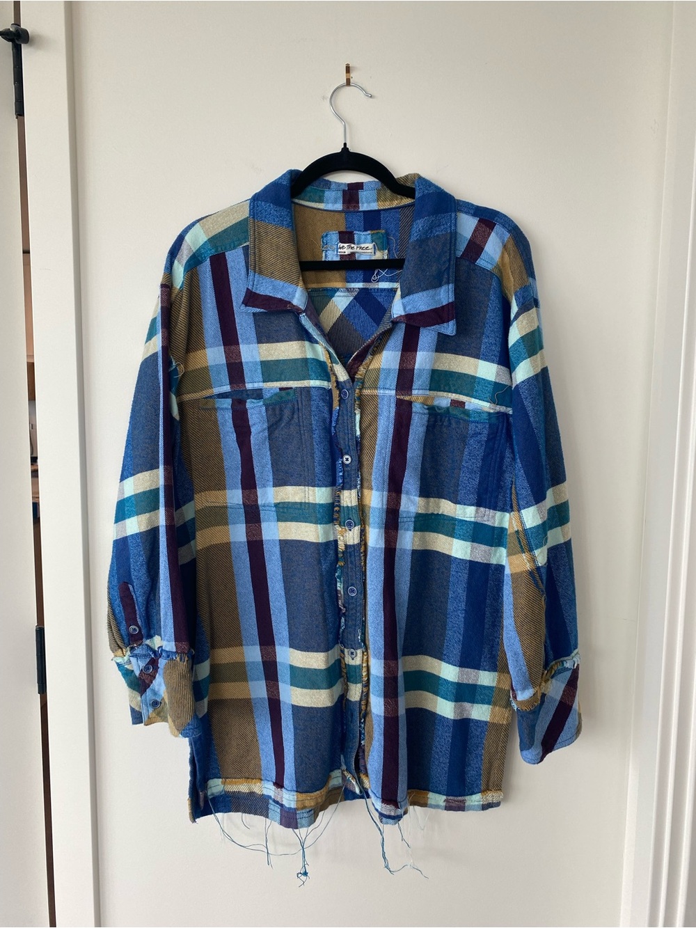 Oversized Free People Blue Multi Plaid Button-Down Shirt
